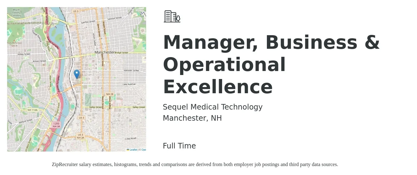 Sequel Medical Technology job posting for a Manager, Business & Operational Excellence in Manchester, NH with a salary of $64,700 to $109,000 Yearly with a map of Manchester location.