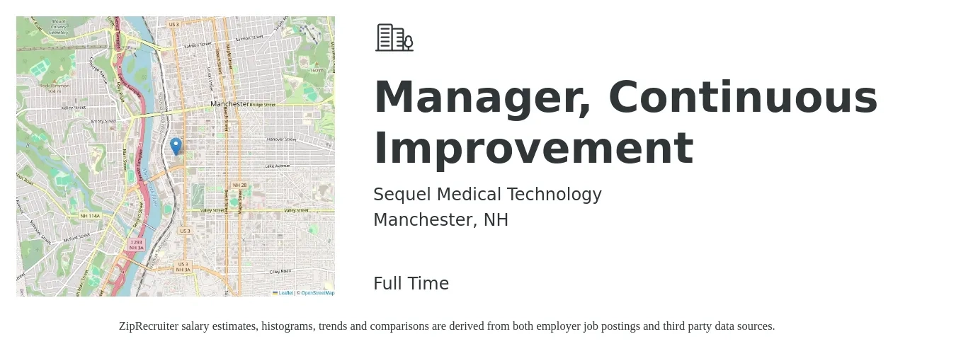 Sequel Medical Technology job posting for a Manager, Continuous Improvement in Manchester, NH with a salary of $94,100 to $126,400 Yearly with a map of Manchester location.