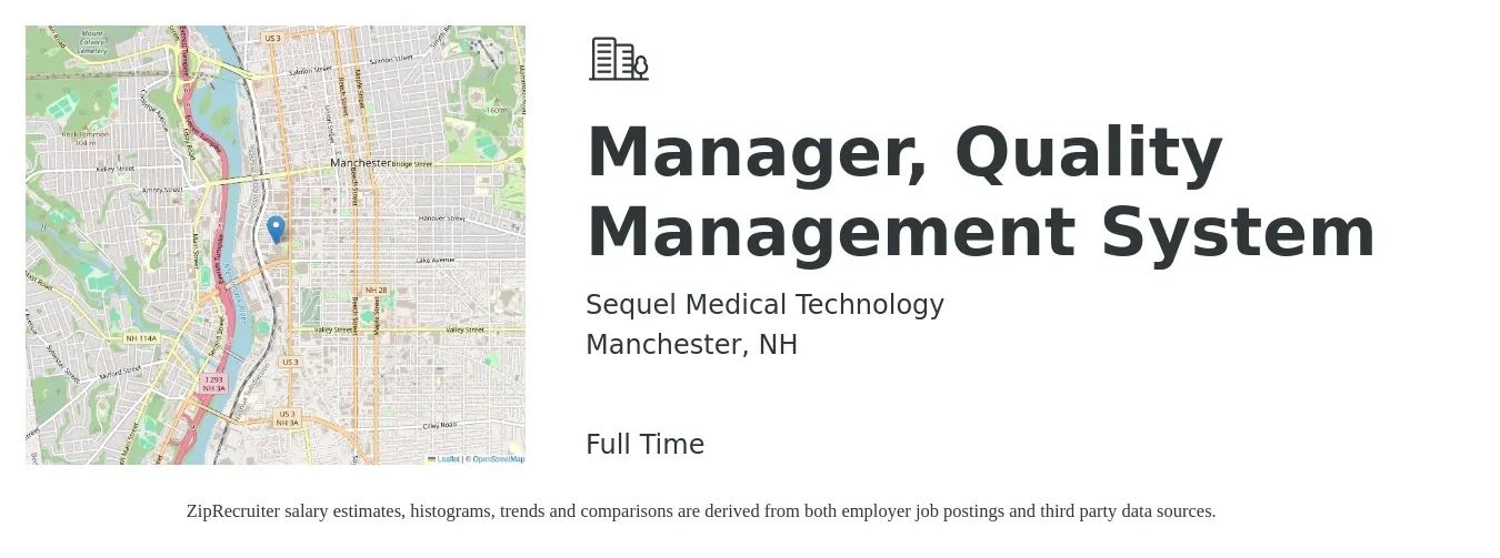 Sequel Medical Technology job posting for a Manager, Quality Management System in Manchester, NH with a salary of $75,200 to $122,000 Yearly with a map of Manchester location.