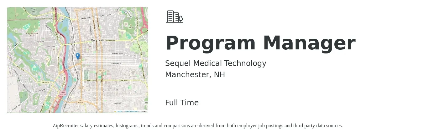 Sequel Medical Technology job posting for a Program Manager in Manchester, NH with a salary of $79,200 to $131,900 Yearly with a map of Manchester location.