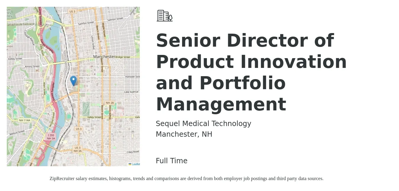Sequel Medical Technology job posting for a Senior Director of Product Innovation and Portfolio Management in Manchester, NH with a salary of $232,000 to $243,000 Yearly with a map of Manchester location.