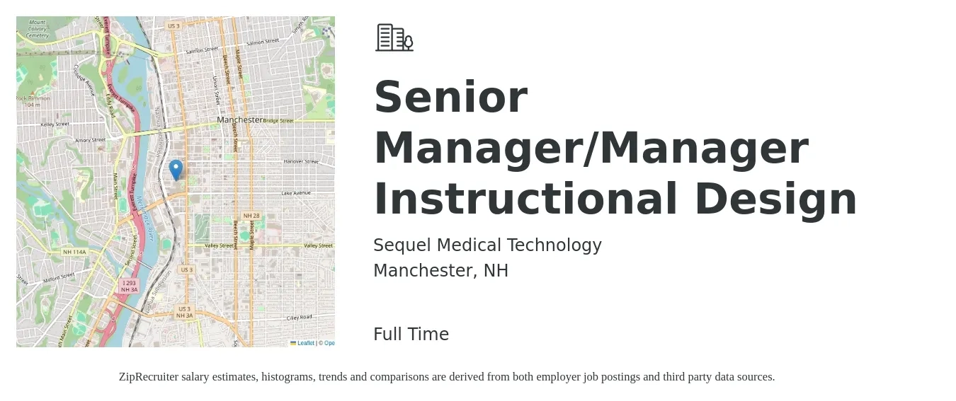 Sequel Medical Technology job posting for a Senior Manager/Manager Instructional Design in Manchester, NH with a salary of $60,200 to $103,100 Yearly with a map of Manchester location.
