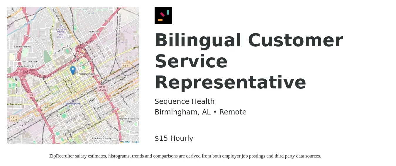 Sequence Health job posting for a Bilingual Customer Service Representative in Birmingham, AL with a salary of $16 Hourly with a map of Birmingham location.