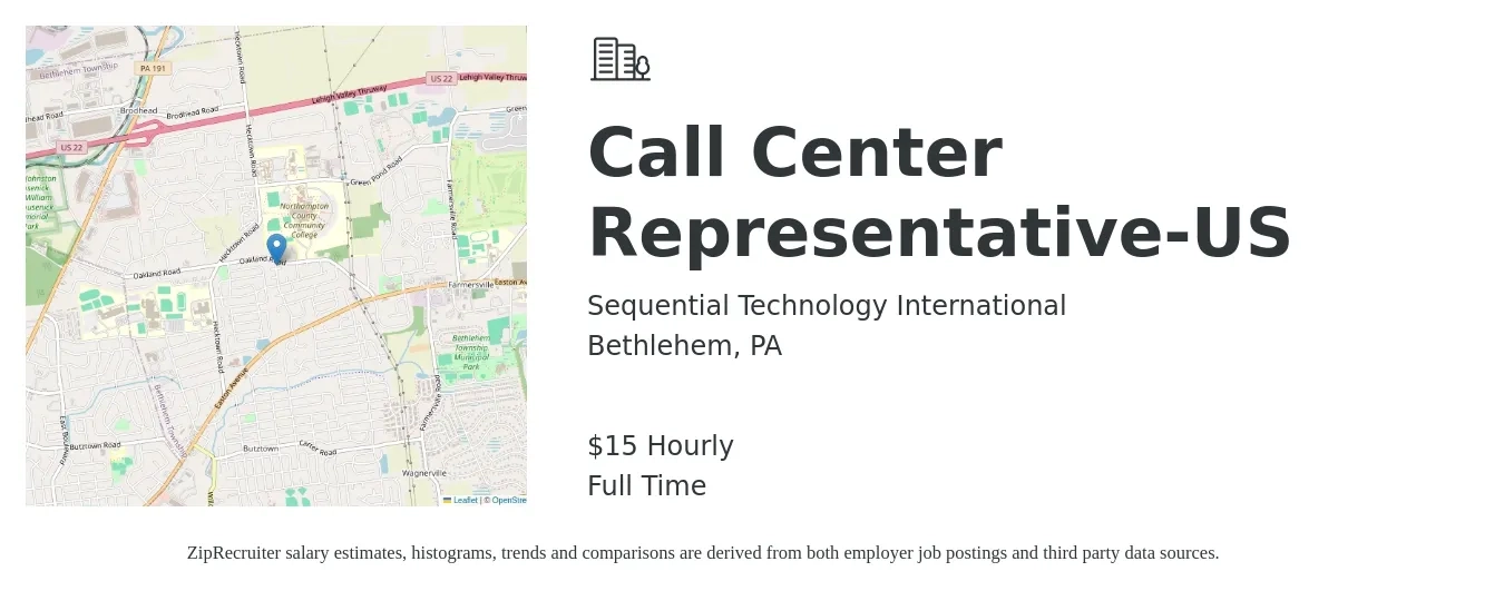 Sequential Technology International job posting for a Call Center Representative-US in Bethlehem, PA with a salary of $16 Hourly with a map of Bethlehem location.