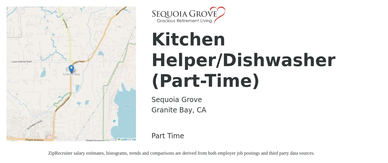 Sequoia Grove job posting for a Kitchen Helper/Dishwasher (Part-Time) in Granite Bay, CA with a salary of $14 to $17 Hourly with a map of Granite Bay location.