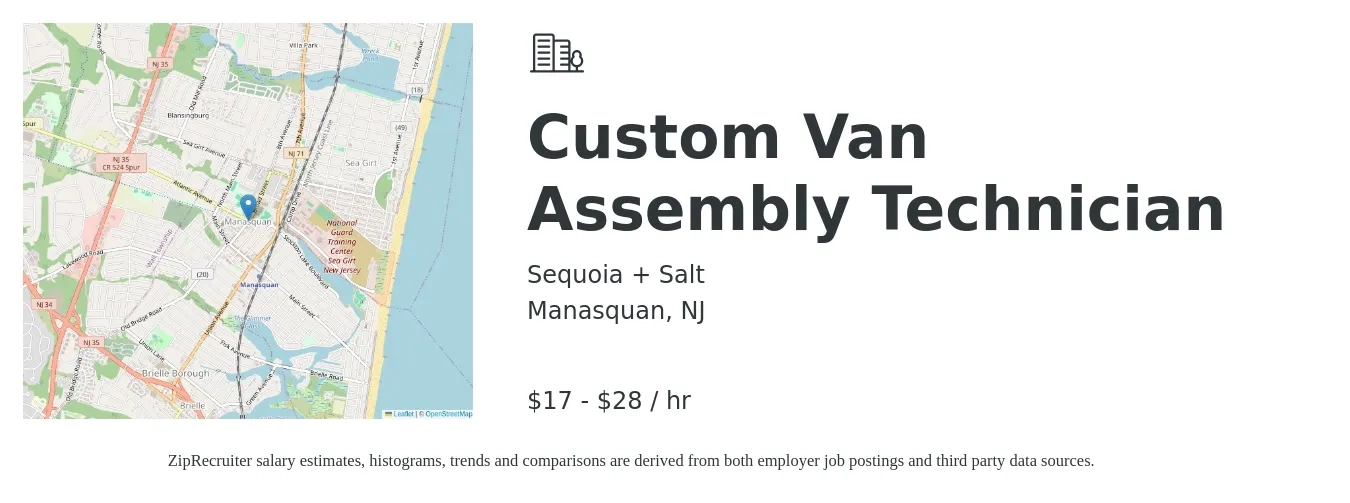 Sequoia + Salt job posting for a Custom Van Assembly Technician in Manasquan, NJ with a salary of $22 to $28 Hourly with a map of Manasquan location.