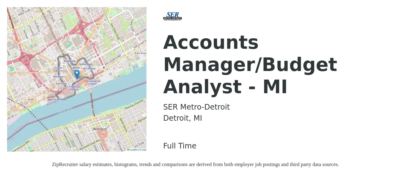 SER Metro-Detroit job posting for a Accounts Manager/Budget Analyst - MI in Detroit, MI with a salary of $55,000 to $65,000 Yearly with a map of Detroit location.