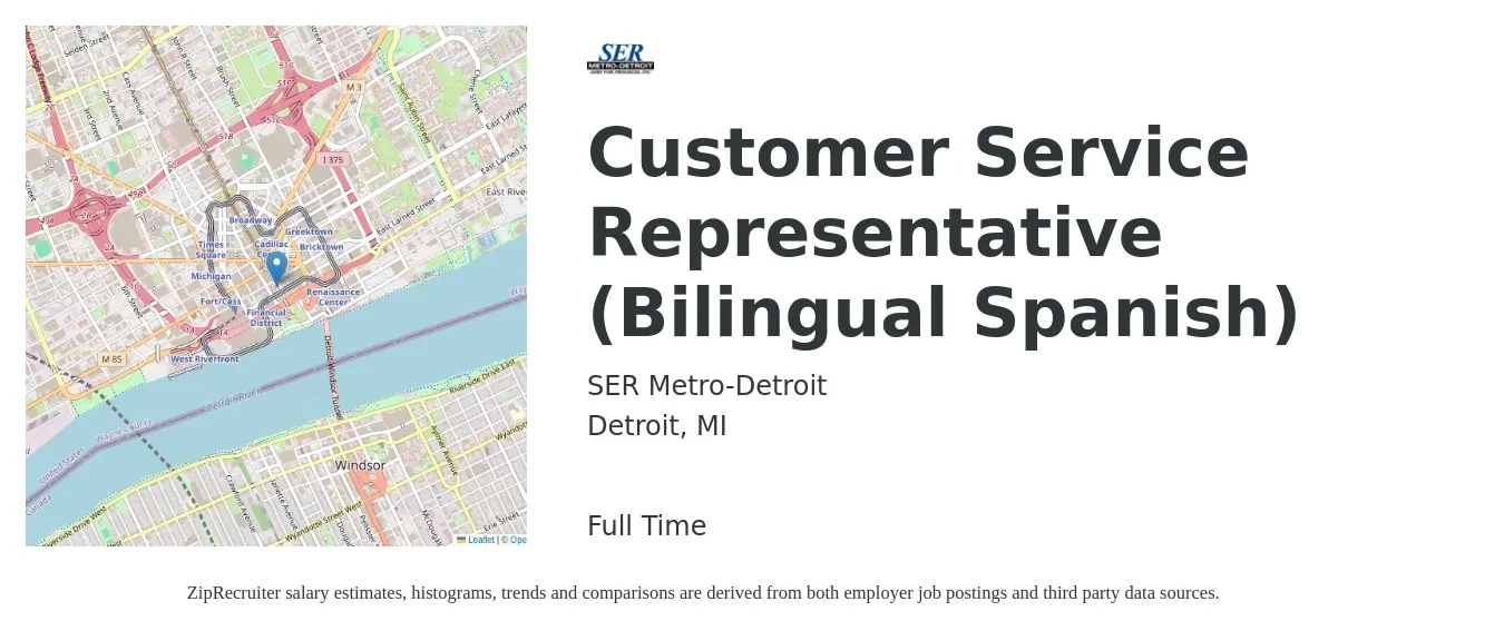 SER Metro-Detroit job posting for a Customer Service Representative (Bilingual Spanish) in Detroit, MI with a salary of $14 to $18 Hourly with a map of Detroit location.