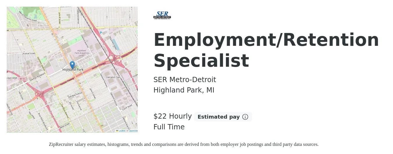 SER Metro-Detroit job posting for a Employment/Retention Specialist in Highland Park, MI with a salary of $23 Hourly with a map of Highland Park location.