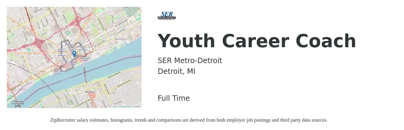 SER Metro-Detroit job posting for a Youth Career Coach in Detroit, MI with a salary of $18 to $21 Hourly with a map of Detroit location.