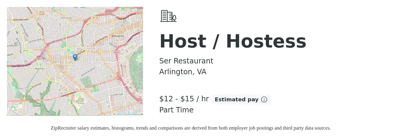 Ser Restaurant job posting for a Host / Hostess in Arlington, VA with a salary of $13 to $16 Hourly with a map of Arlington location.