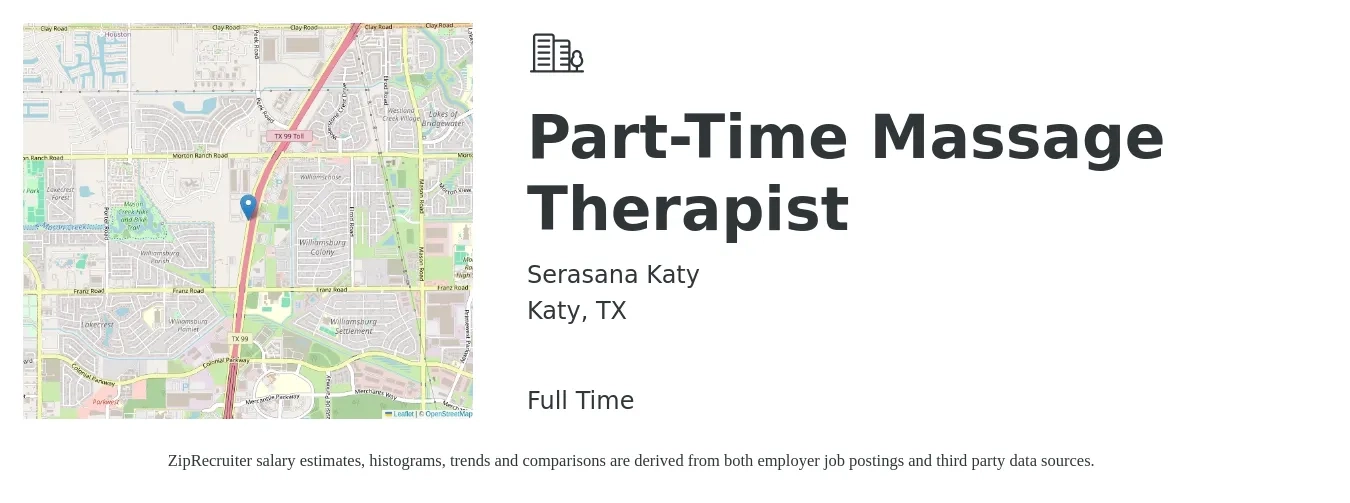 Serasana Katy job posting for a Part-Time Massage Therapist in Katy, TX with a salary of $27 to $42 Hourly with a map of Katy location.