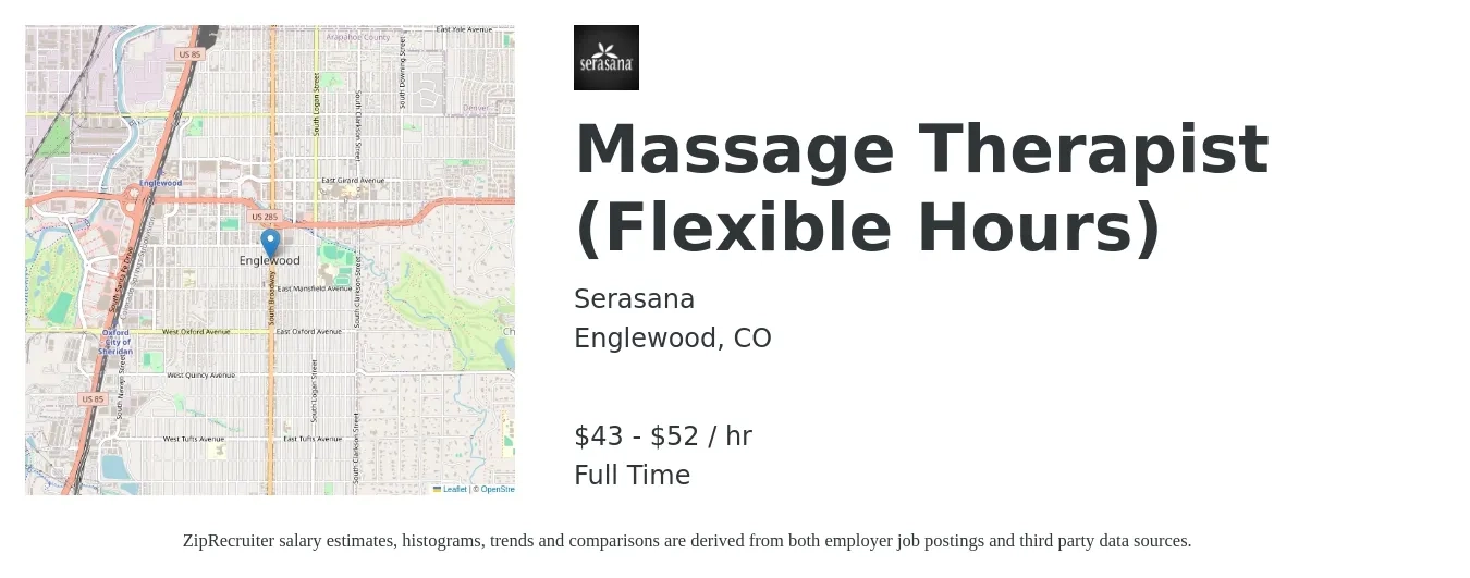 Serasana job posting for a Massage Therapist (Flexible Hours) in Englewood, CO with a salary of $45 to $55 Hourly with a map of Englewood location.