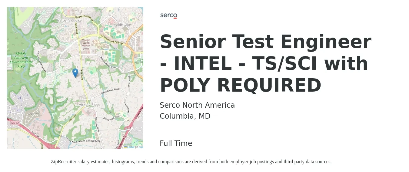 Serco North America job posting for a Senior Test Engineer - INTEL - TS/SCI with POLY REQUIRED in Columbia, MD with a salary of $96,000 to $134,400 Yearly with a map of Columbia location.