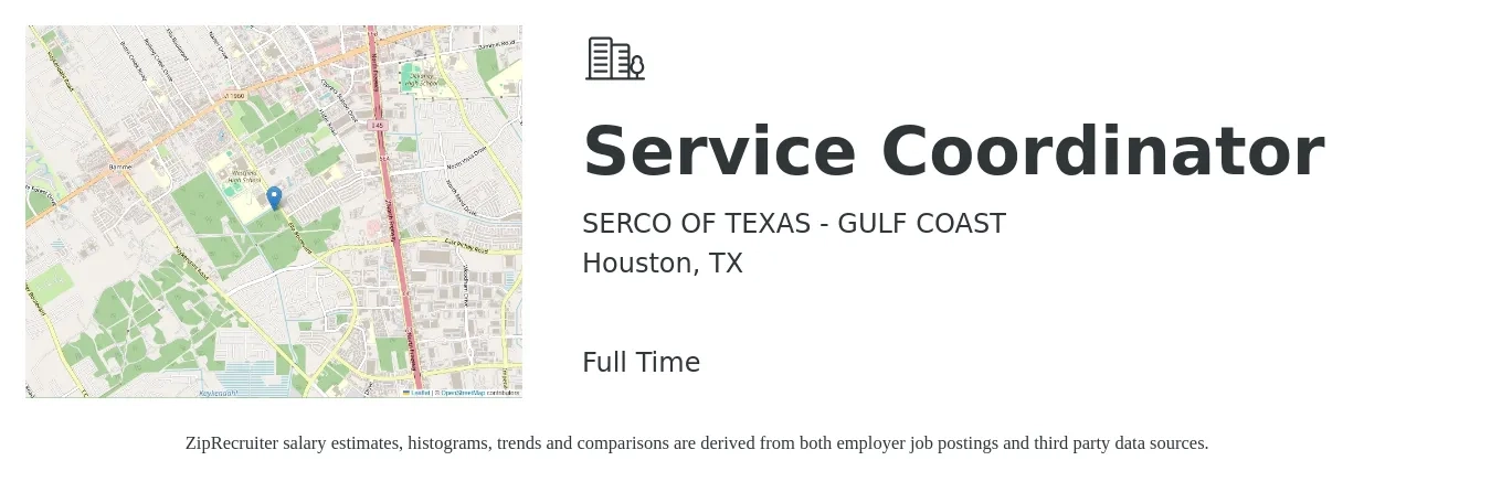 SERCO OF TEXAS - GULF COAST job posting for a Service Coordinator in Houston, TX with a salary of $19 to $24 Hourly with a map of Houston location.