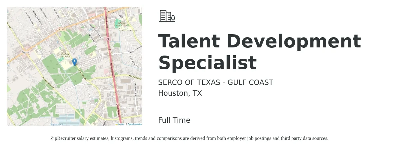 SERCO OF TEXAS - GULF COAST job posting for a Talent Development Specialist in Houston, TX with a salary of $47,700 to $79,300 Yearly with a map of Houston location.