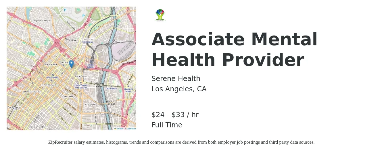 Serene Health job posting for a Associate Mental Health Provider in Los Angeles, CA with a salary of $25 to $35 Hourly with a map of Los Angeles location.