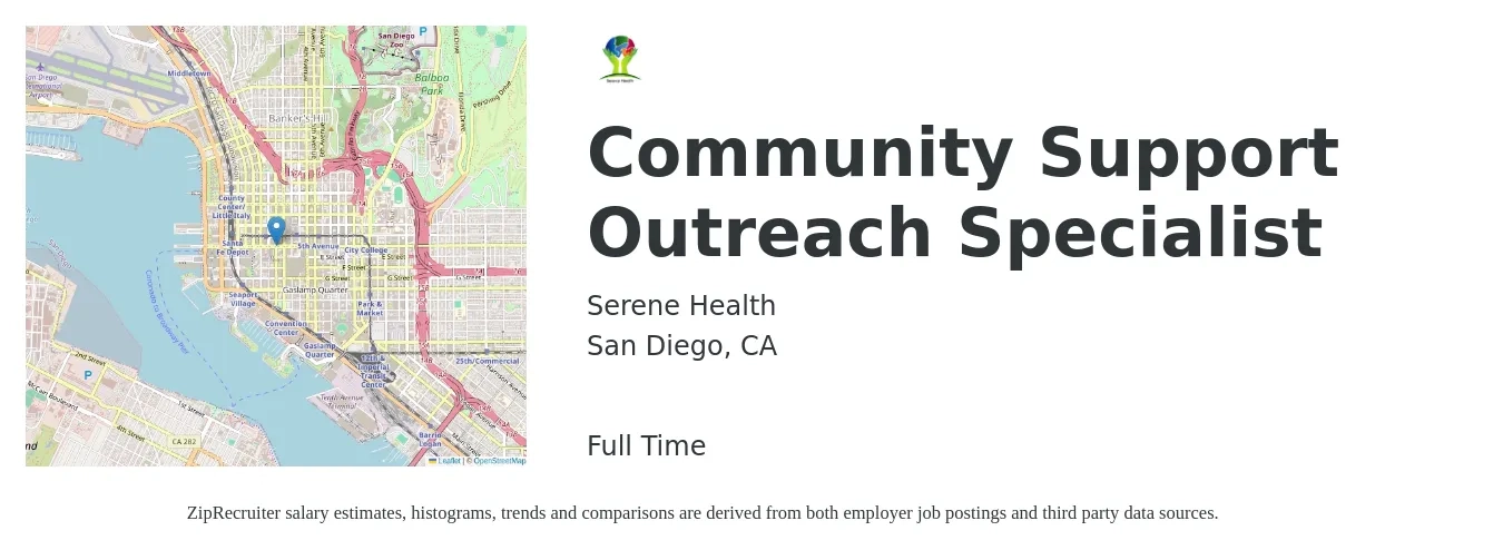 Serene Health job posting for a Community Support Outreach Specialist in San Diego, CA with a salary of $43,500 to $63,700 Yearly with a map of San Diego location.