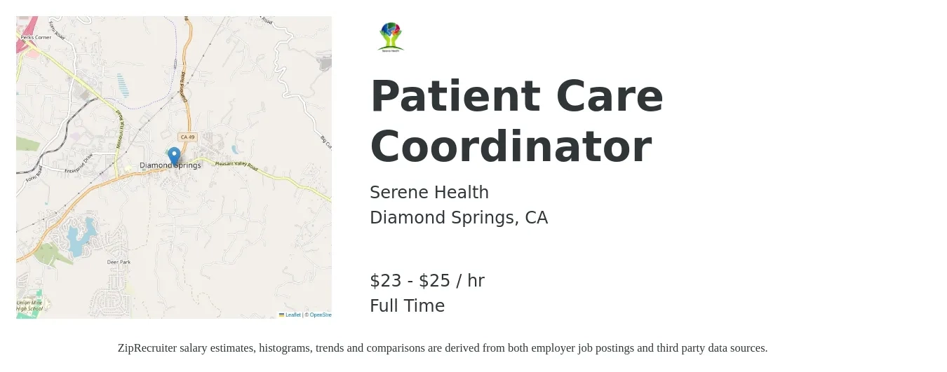 Serene Health job posting for a Patient Care Coordinator in Diamond Springs, CA with a salary of $24 to $27 Hourly with a map of Diamond Springs location.