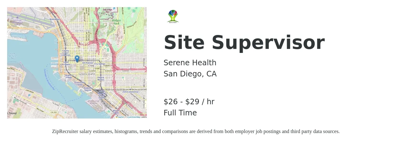 Serene Health job posting for a Site Supervisor in San Diego, CA with a salary of $28 to $31 Hourly with a map of San Diego location.