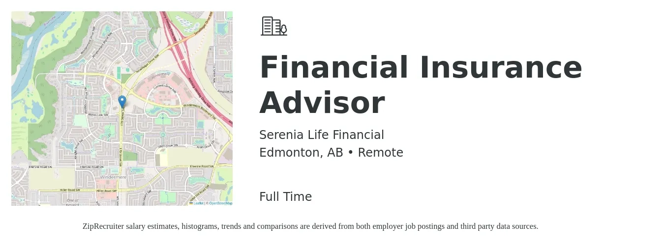 Serenia Life Financial job posting for a Financial Insurance Advisor in Edmonton, AB with a map of Edmonton location.
