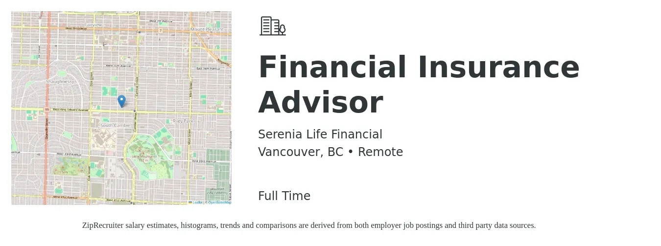 Serenia Life Financial job posting for a Financial Insurance Advisor in Vancouver, BC with a map of Vancouver location.
