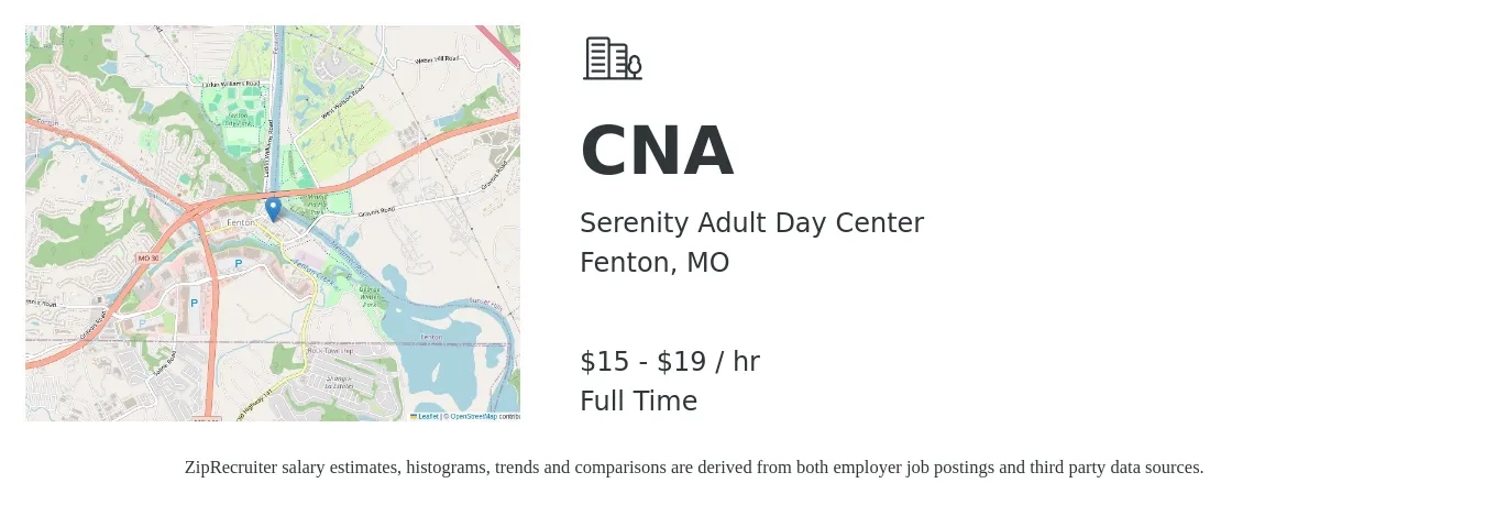 Serenity Adult Day Center job posting for a CNA in Fenton, MO with a salary of $16 to $20 Hourly with a map of Fenton location.