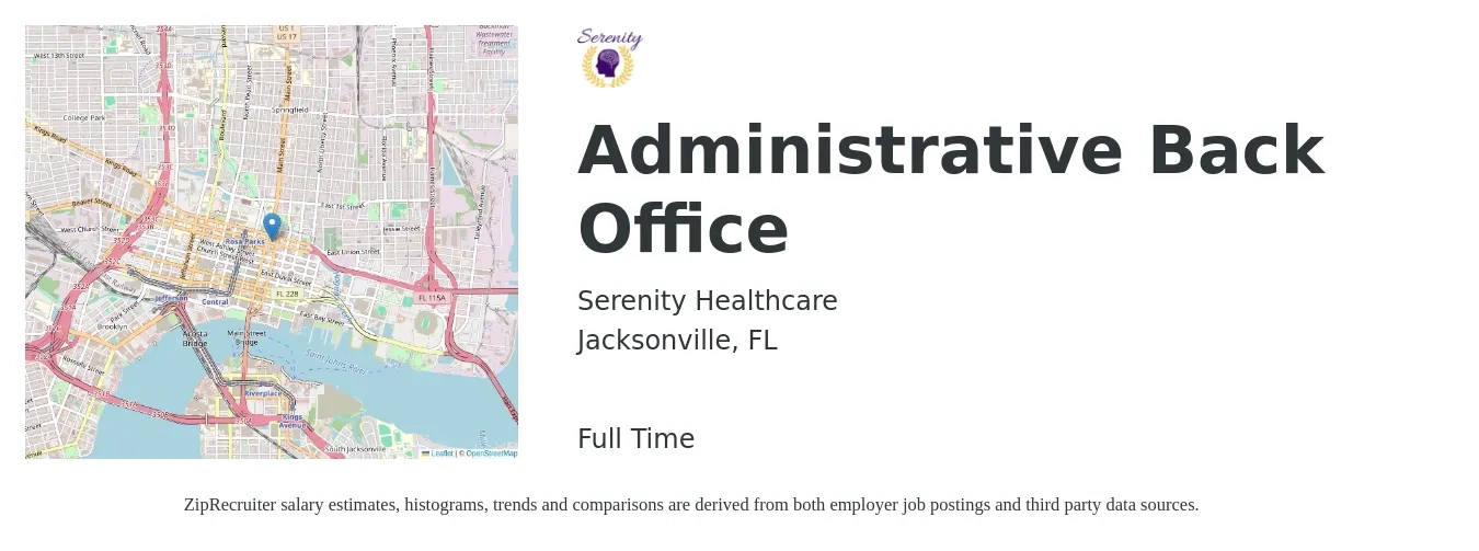 Serenity Healthcare job posting for a Administrative Back Office in Jacksonville, FL with a salary of $15 to $19 Hourly with a map of Jacksonville location.