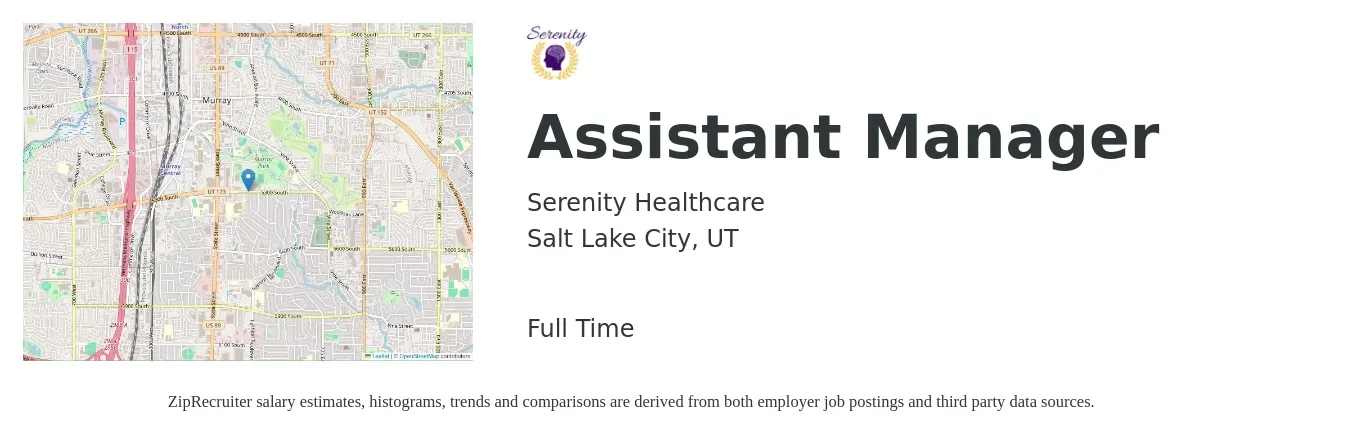Serenity Healthcare job posting for a Assistant Manager in Salt Lake City, UT with a salary of $16 to $24 Hourly with a map of Salt Lake City location.
