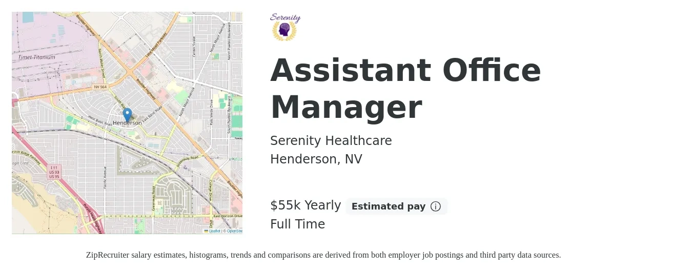 Serenity Healthcare job posting for a Assistant Office Manager in Henderson, NV with a salary of $55,000 Yearly with a map of Henderson location.