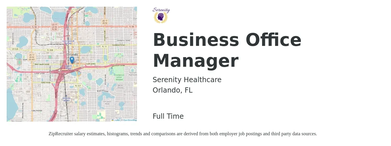 Serenity Healthcare job posting for a Business Office Manager in Orlando, FL with a salary of $22 to $31 Hourly with a map of Orlando location.