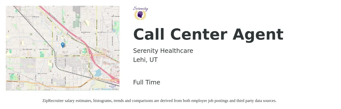 Serenity Healthcare job posting for a Call Center Agent in Lehi, UT with a salary of $14 to $18 Hourly with a map of Lehi location.