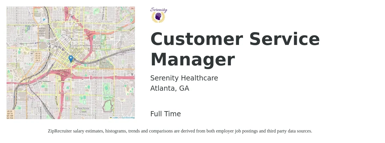Serenity Healthcare job posting for a Customer Service Manager in Atlanta, GA with a salary of $39,400 to $67,300 Yearly with a map of Atlanta location.