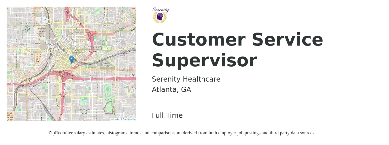 Serenity Healthcare job posting for a Customer Service Supervisor in Atlanta, GA with a salary of $39,400 to $67,300 Yearly with a map of Atlanta location.