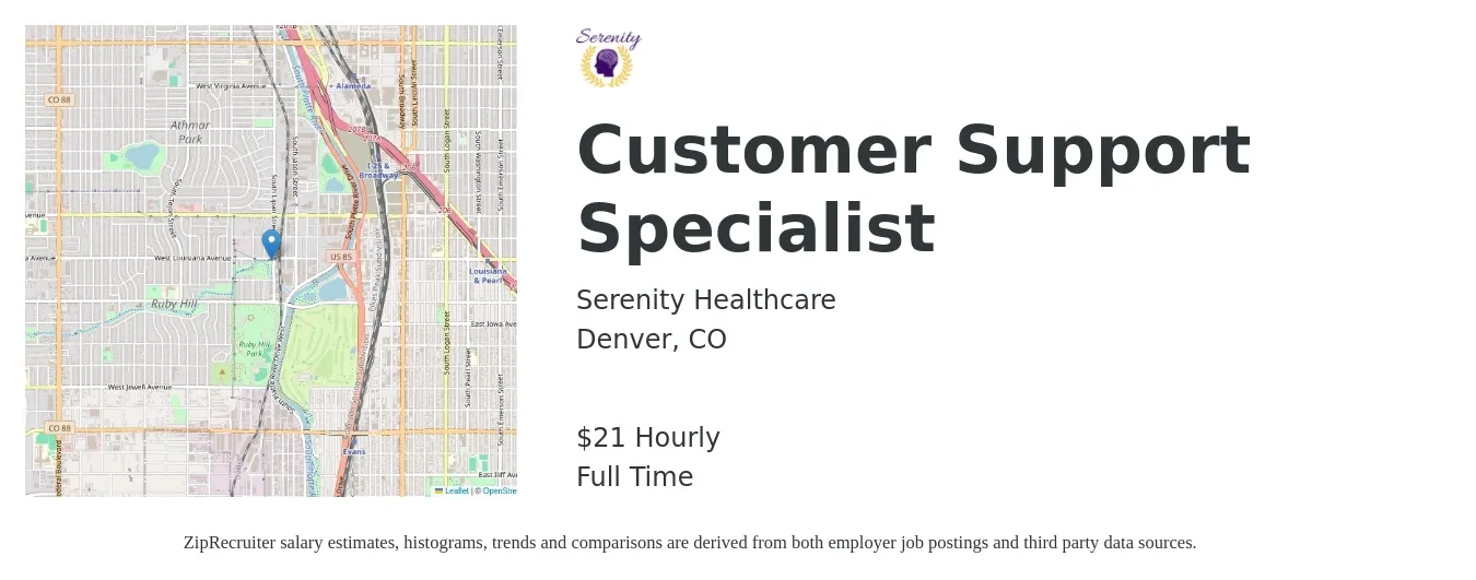 Serenity Healthcare job posting for a Customer Support Specialist in Denver, CO with a salary of $22 Hourly with a map of Denver location.