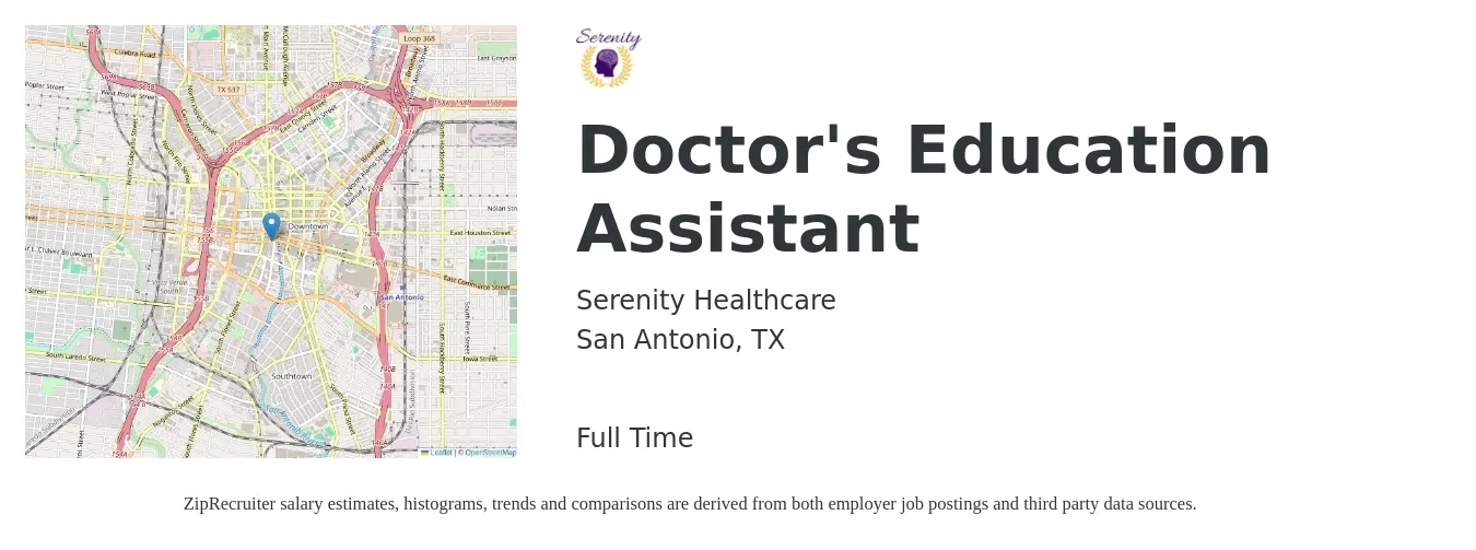 Serenity Healthcare job posting for a Doctor's Education Assistant in San Antonio, TX with a map of San Antonio location.