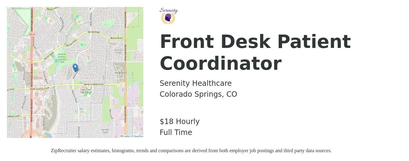 Serenity Healthcare job posting for a Front Desk Patient Coordinator in Colorado Springs, CO with a salary of $20 to $20 Hourly with a map of Colorado Springs location.