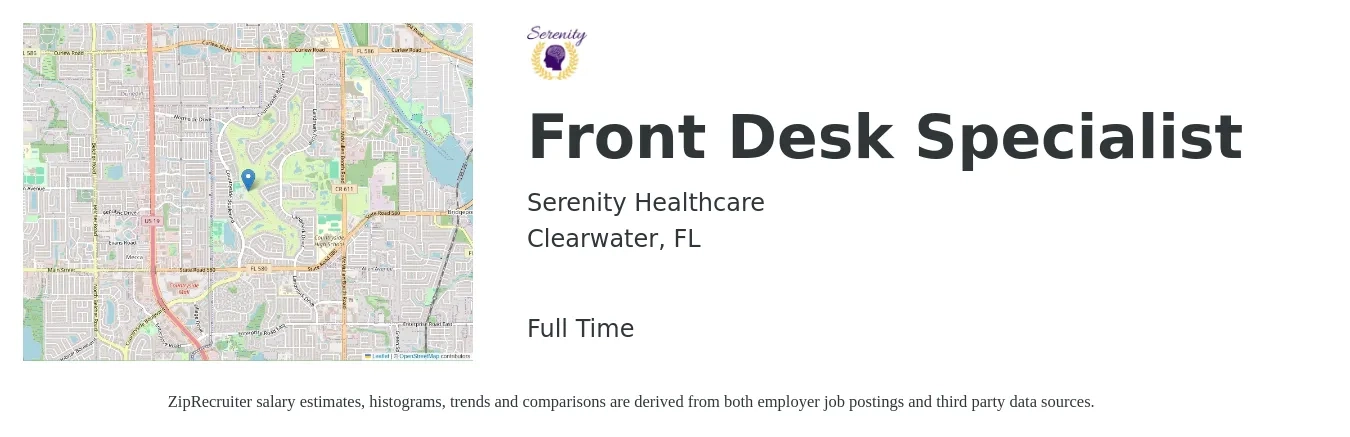 Serenity Healthcare job posting for a Front Desk Specialist in Clearwater, FL with a salary of $16 Hourly with a map of Clearwater location.