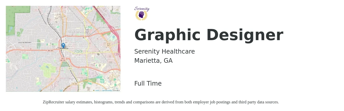 Serenity Healthcare job posting for a Graphic Designer in Marietta, GA with a salary of $19 to $30 Hourly with a map of Marietta location.