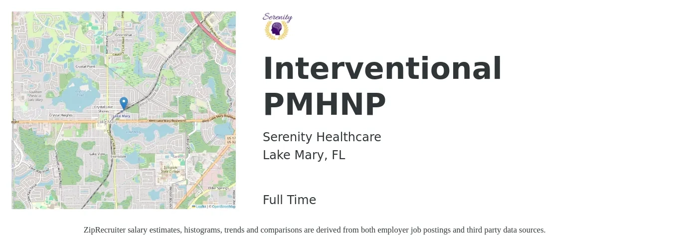 Serenity Healthcare job posting for a Interventional PMHNP in Lake Mary, FL with a salary of $94,000 to $121,100 Yearly with a map of Lake Mary location.