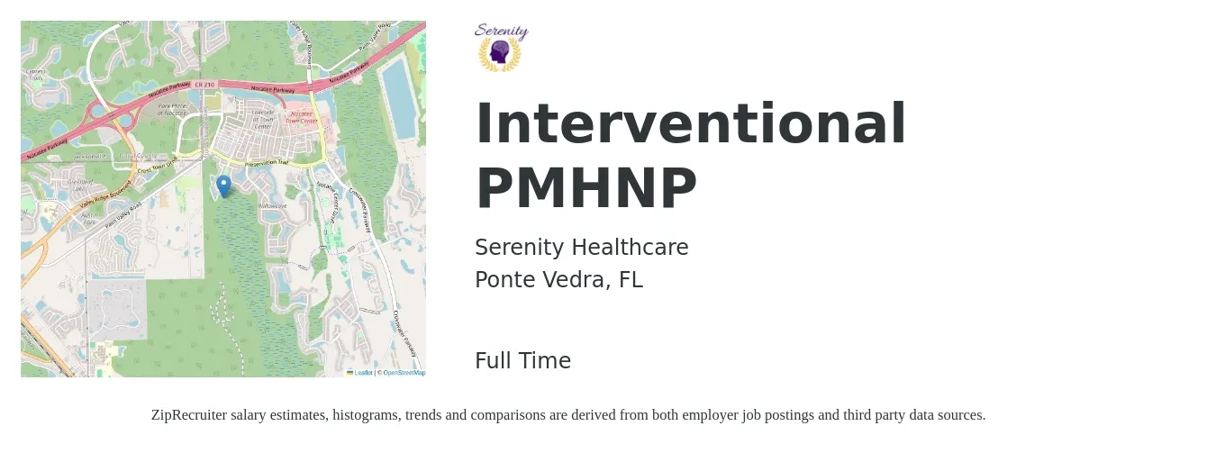 Serenity Healthcare job posting for a Interventional PMHNP in Ponte Vedra, FL with a salary of $98,000 to $126,300 Yearly with a map of Ponte Vedra location.