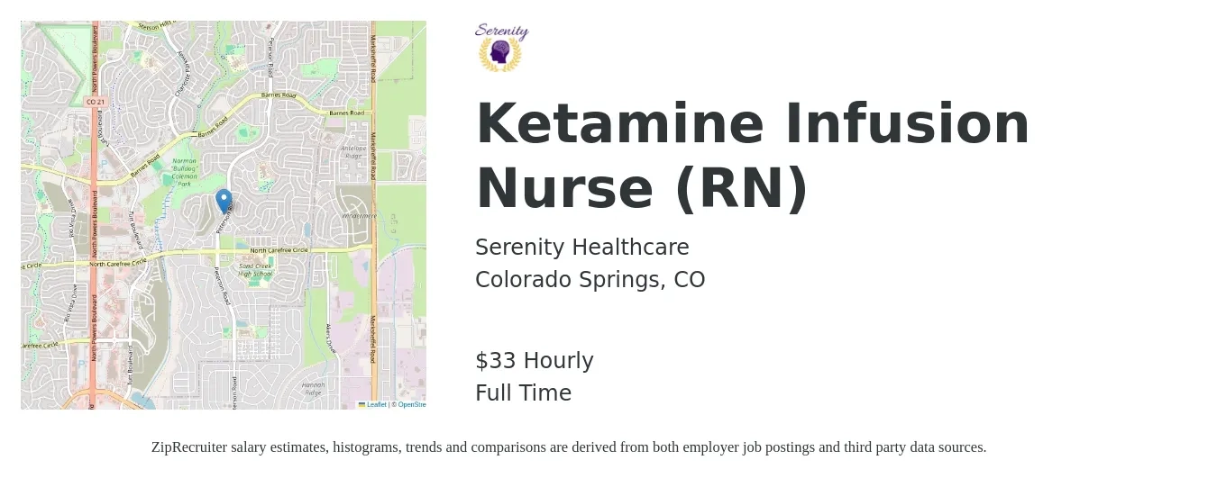 Serenity Healthcare job posting for a Ketamine Infusion Nurse (RN) in Colorado Springs, CO with a salary of $35 Hourly with a map of Colorado Springs location.
