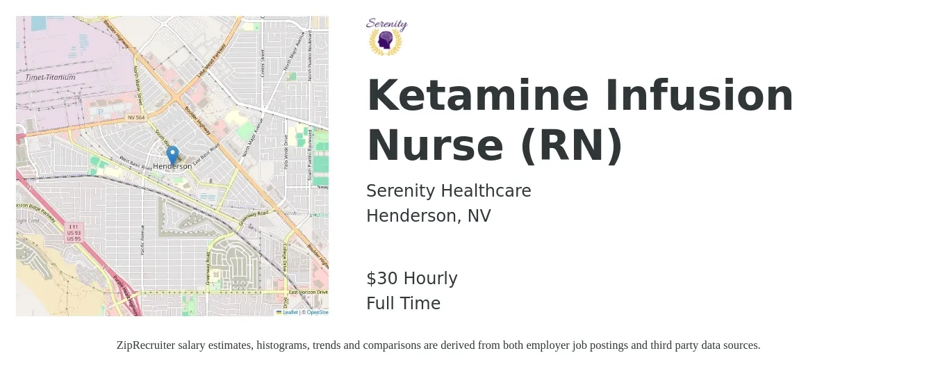 Serenity Healthcare job posting for a Ketamine Infusion Nurse (RN) in Henderson, NV with a salary of $32 Hourly with a map of Henderson location.