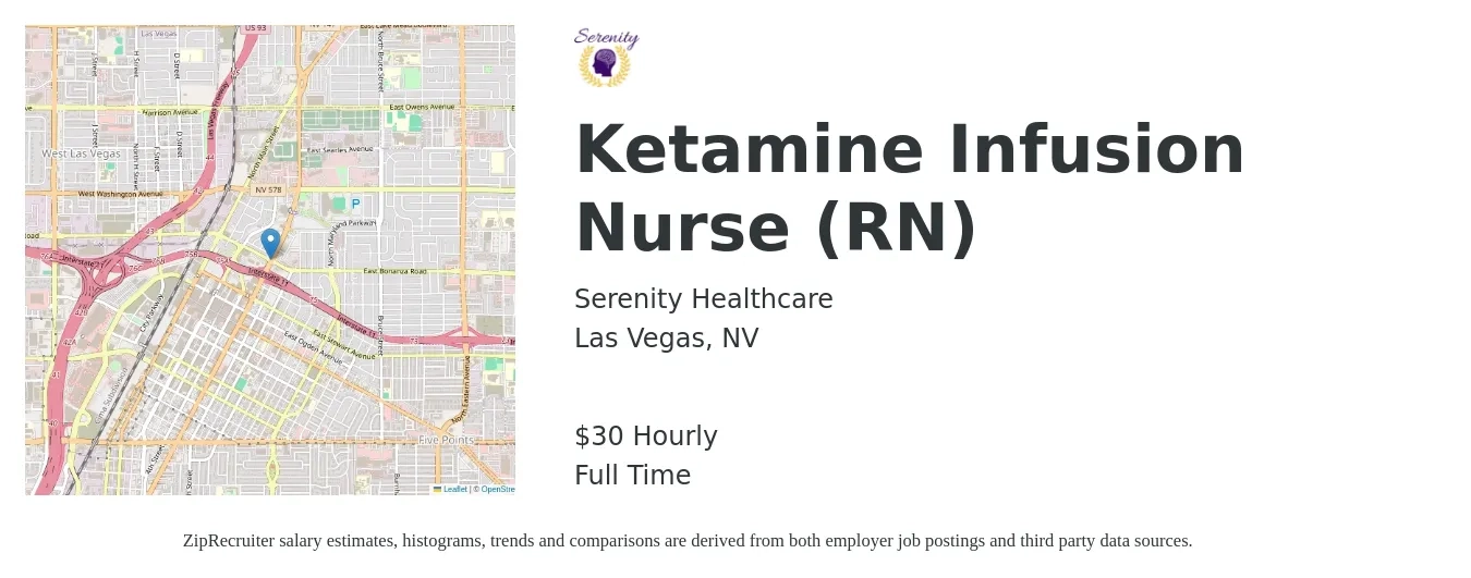 Serenity Healthcare job posting for a Ketamine Infusion Nurse (RN) in Las Vegas, NV with a salary of $32 Hourly with a map of Las Vegas location.