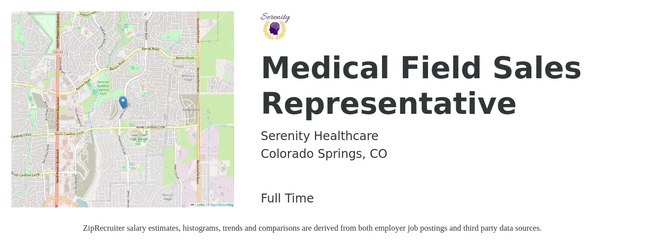 Serenity Healthcare job posting for a Medical Field Sales Representative in Colorado Springs, CO with a salary of $20 to $27 Hourly with a map of Colorado Springs location.