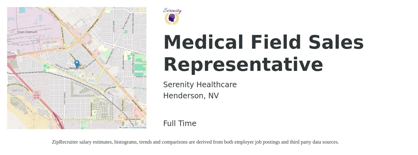 Serenity Healthcare job posting for a Medical Field Sales Representative in Henderson, NV with a salary of $18 to $25 Hourly with a map of Henderson location.