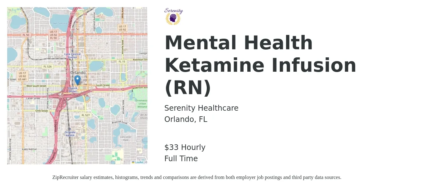 Serenity Healthcare job posting for a Mental Health Ketamine Infusion (RN) in Orlando, FL with a salary of $35 Hourly with a map of Orlando location.