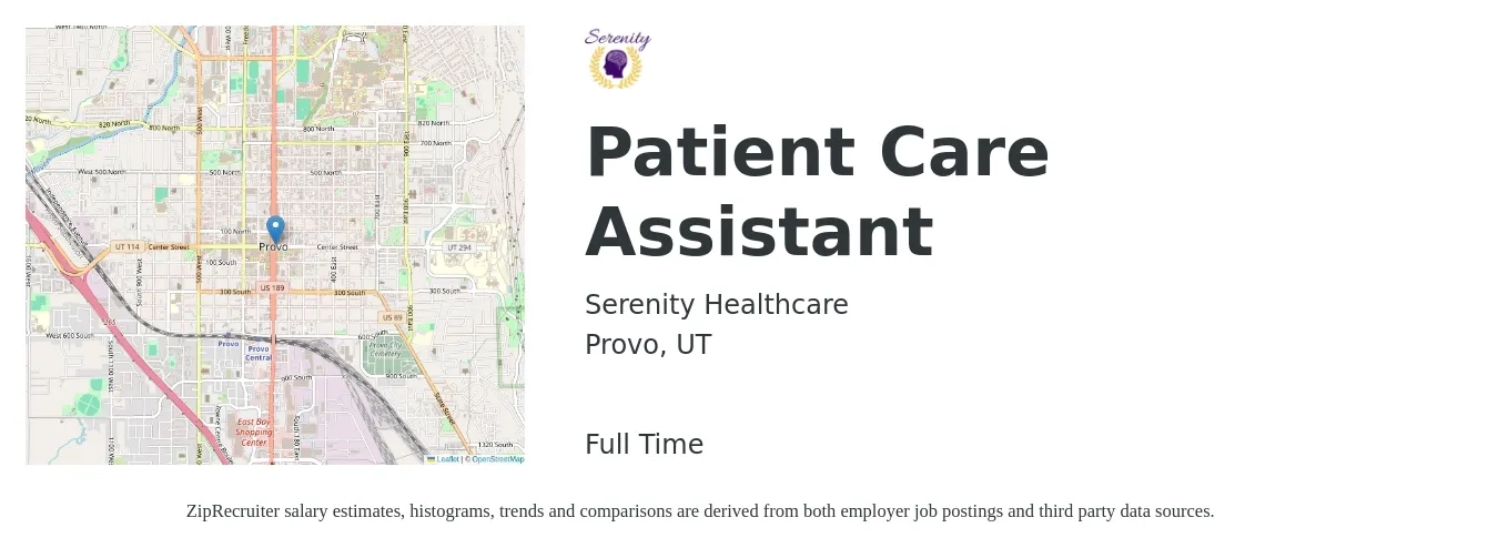 Serenity Healthcare job posting for a Patient Care Assistant in Provo, UT with a salary of $16 to $21 Hourly with a map of Provo location.
