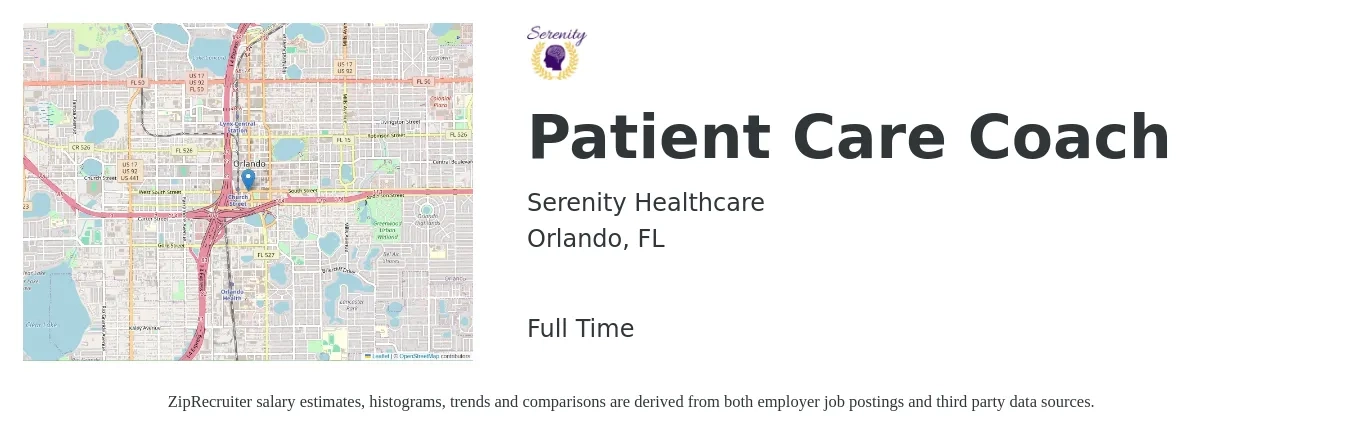 Serenity Healthcare job posting for a Patient Care Coach in Orlando, FL with a salary of $23 to $50 Hourly with a map of Orlando location.