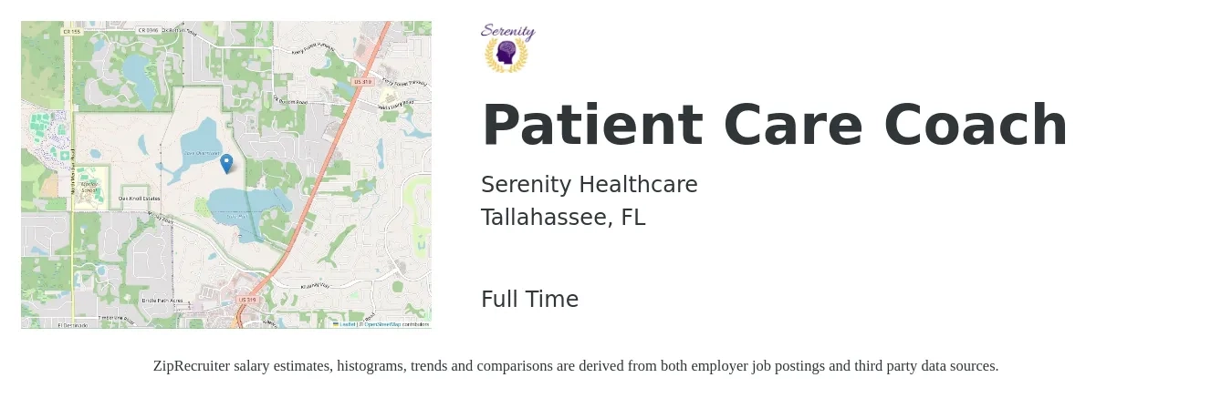 Serenity Healthcare job posting for a Patient Care Coach in Tallahassee, FL with a salary of $16 to $20 Hourly with a map of Tallahassee location.